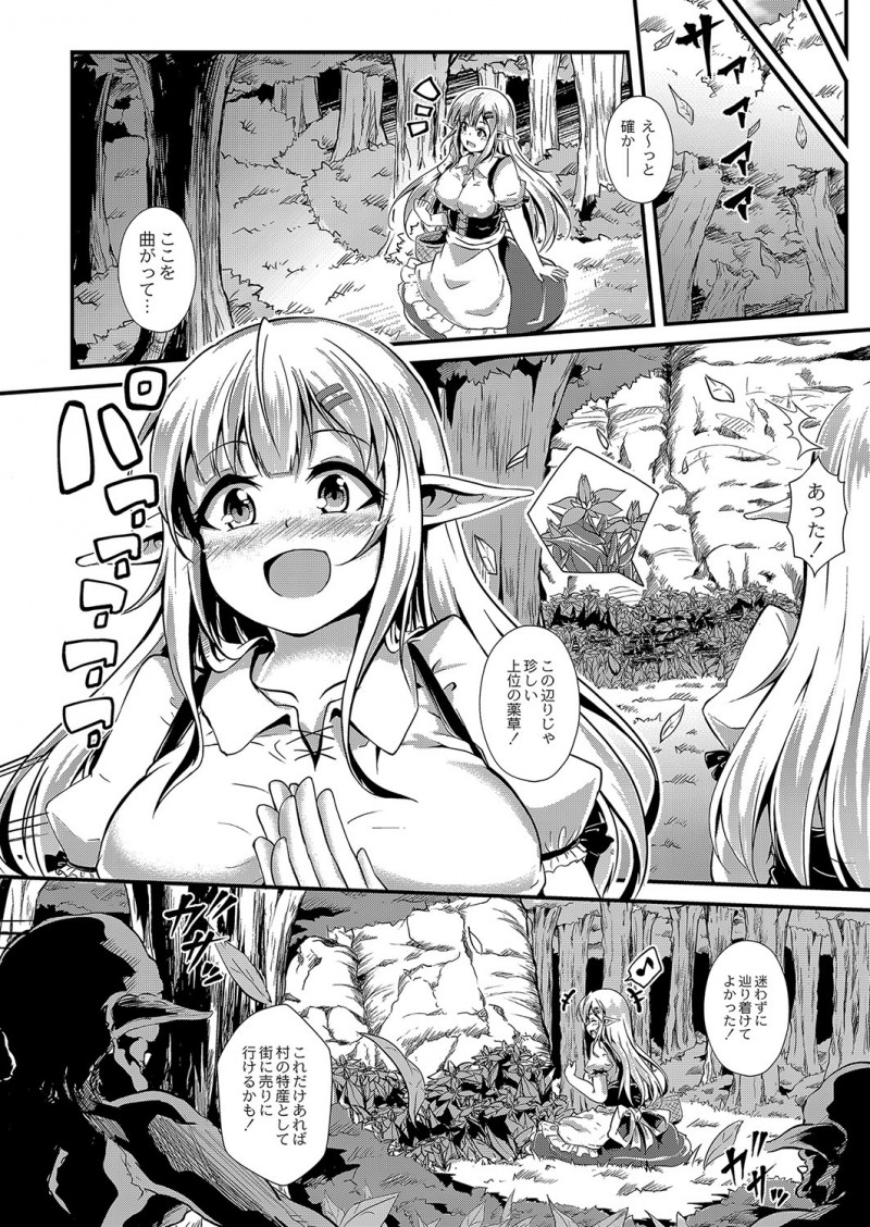 【エロ漫画】新しい薬草の採取をしに行った巨乳美人エルフが突然現れたゴブリンの群れに集団レイプで処女を散らされ、さらにオークの巨根ちんぽで種付けレイプされ孕まされる！