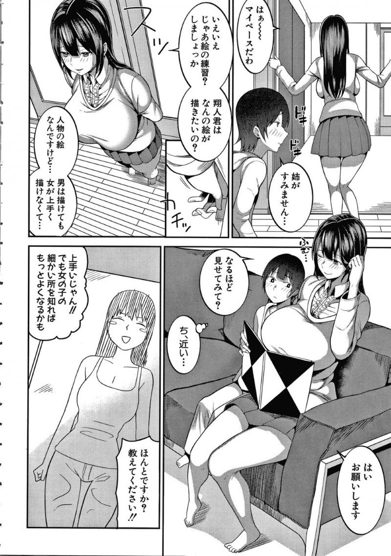 絵を教えてくれる爆乳お姉さんの優子…姉の友人である優子に絵を教えてもらう事になった翔人は、女性の絵を上手く描けるようになるために、優子の体を書く事に！下着姿やまんこを見て勃起する翔人に、手コキ！その日から、課題をクリアする毎にエッチなご褒美をもらい、イチャラブ中出しセックスで筆おろし！【かゆみ止め：エッチスケッチ 前編】