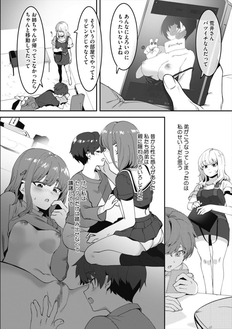 昔から性に興味があり弟とお互いの身体を触り合っていたがセックスだけは躊躇していると弟が年上の女性とばかり関係を持つようになり、久しぶりにお互いの身体を舐めあっていたらついに姉が股を開き中出し近親相姦してしまう！