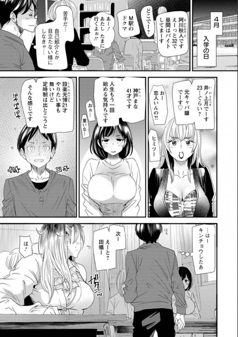 【エロ漫画】定時制学園で近所の男性と実技セックスの授業に励む元ヤンギャル人妻…調子に乗った男は人妻と付き合うと告白して激しい中出しアクメセックスで童貞にイカされてしまう！【大嶋亮：奈緒さんの秘め事〜元ヤンギャル人妻、定時制学園に通う〜第1話告白】