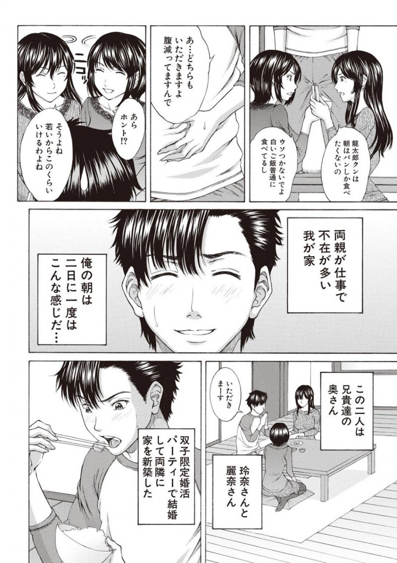 義弟に迫る変態双子兄嫁…双子の兄と結婚した双子の兄嫁に面倒を見てもらっていた龍太郎は、双子兄嫁に迫られる！フェラや尻コキパイズリで責められると手マンで潮吹きさせる！変態兄嫁達のおっぱいを揉みスパンキングしながら、3Pセックスで姉妹丼させるとザーメンをぶっかける！【ウエノ直哉：ダブルなおねだり】