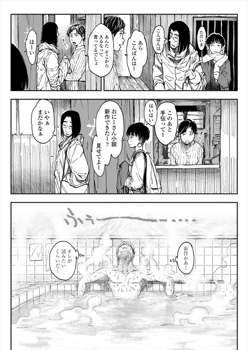 最近スランプな小説家がいきつけの銭湯の娘に新作見せてよと言われ自信がないというと、私が一肌脱いであげると言われ休日の銭湯に呼び出され、本当に制服を脱いだ彼女に背中を流されながら足コキされ中出しセックスで励まされた！