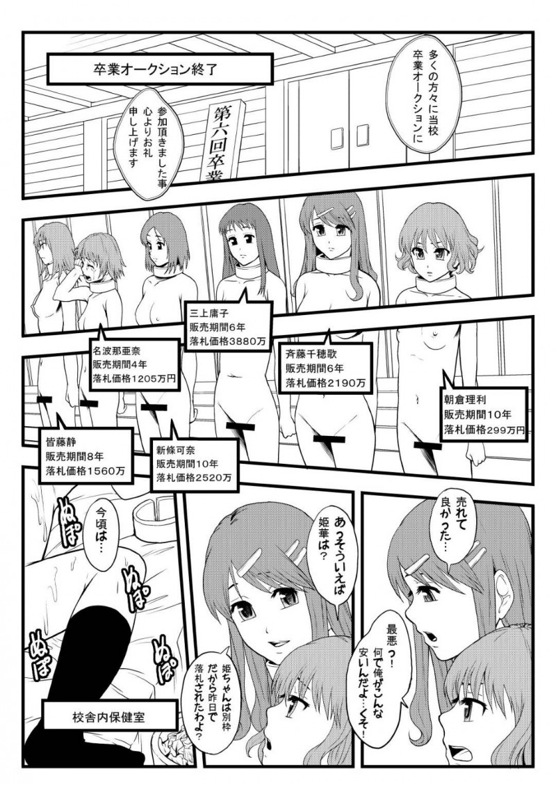 【エロ漫画】学校卒業と同時に行われる性奴隷オークションで男たちに犯されまくる美少女JKたち…３日間激しく生ハメ中出し調教レイプされ続けて全員雌奴隷堕ち【まよねーず。：a graduation auction】
