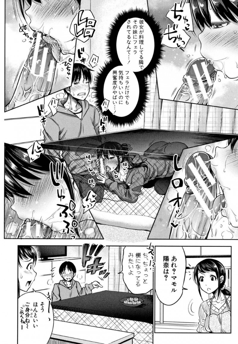 【少年漫画】姉と姉の彼氏が帰宅して一緒にこたつに入る巨乳妹…こたつの中で姉の彼氏のチンポに悪戯！足コキをしたりノーブラちっぱいを見せつける妹は姉に内緒で誘惑！【たくわん】