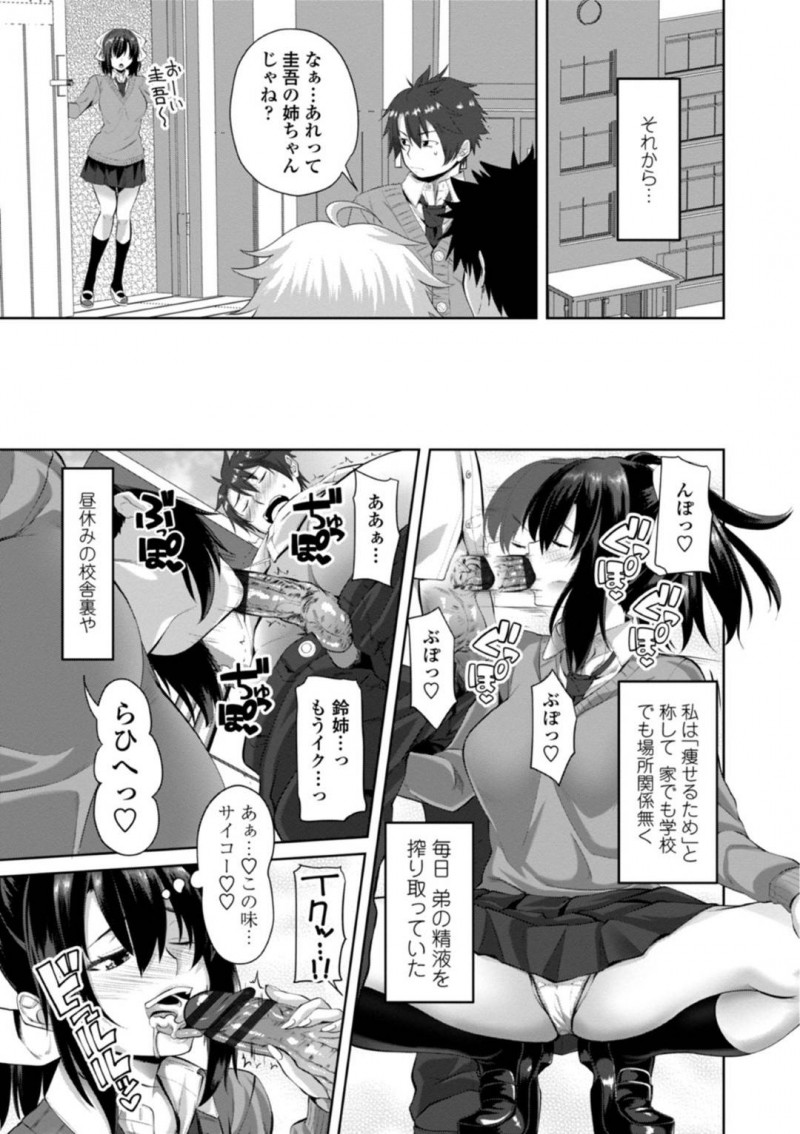 【エロ漫画】体重の増えた兄にダイエットと称してセックスを求めるブラコンなJK姉…淫乱な彼女は手コキやフェラで精子を搾り取った後、騎乗位で近親相姦しまくる！