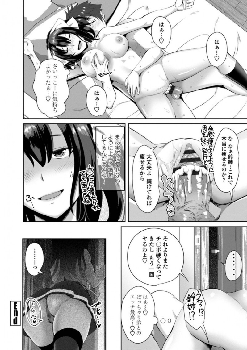 【エロ漫画】体重の増えた兄にダイエットと称してセックスを求めるブラコンなJK姉…淫乱な彼女は手コキやフェラで精子を搾り取った後、騎乗位で近親相姦しまくる！