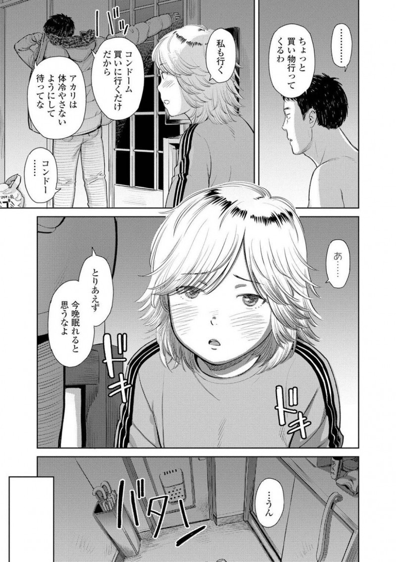 家出少女のアカリ&#8230;コンビニ前にいたアカリを見捨てられない男は家に連れて行く。男は一緒のベットに寝られ密着されると欲求不満で悶々としていると、手コキされる！アカリを押し倒すとクンニで責め中出しセックスで処女喪失させる！【鬼束直：夜に彷徨う】