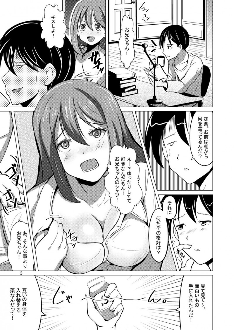 【エロ同人誌】4時間だけ身体が入れ替わる薬を兄と試そうとする巨乳妹…口移しによって完全に入れ替わった身体で女体を兄に堪能してもらう！そして妹自身が一番してもらいたかった近親相姦を犯してしまう！【いわした】