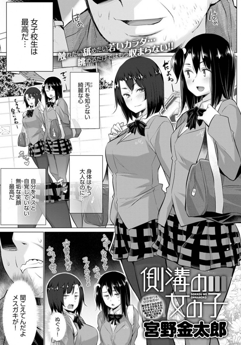 【エロ漫画】ロリコン変態オヤジに助けを求めてしまった側溝にハマったロリJK。スカートからはみ出る尻を鷲掴みにしながら、オッパイまで触って無理やり犯すレイプで中出し！