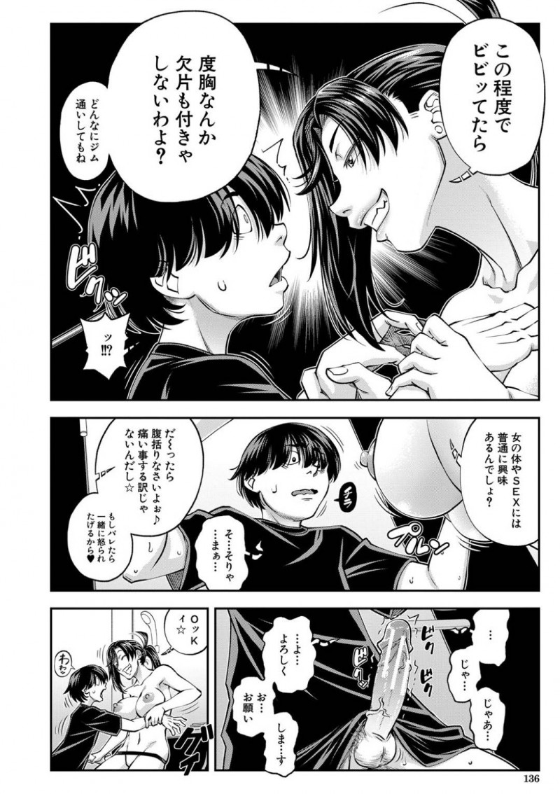 【エロ漫画】ジムで出会った青年にエッチな事を迫る淫乱スレンダーお姉さん…彼を半強引に更衣室へと連れ込んだ彼女は手コキやパイズリをし、更には立ちバックや騎乗位で中出しセックスする！【井雲泰助:スパーリング】