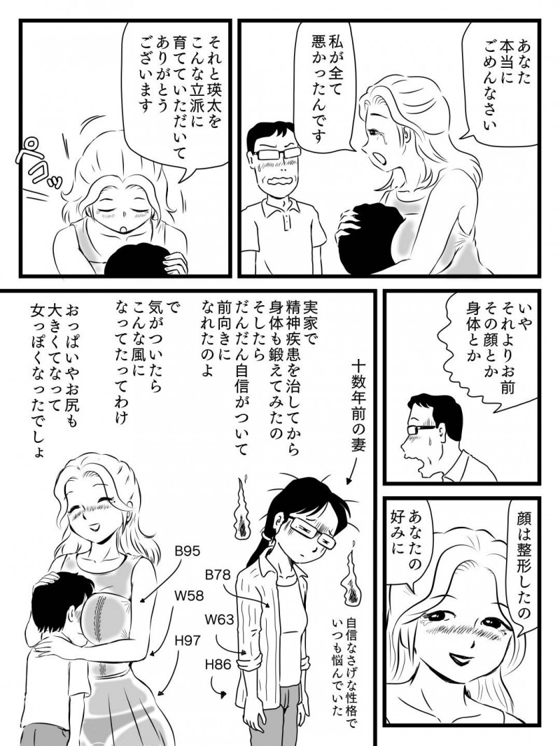 エロい美人になって戻ってきた出戻り母さん…父親も調子よくすぐよりを戻してイチャラブに中出しセックスしてとうとう禁断の近親相姦セックスのバックで中出しセックスしちゃう！【桃尻ハッスル堂：出戻り母さんがエロくなっていた件】