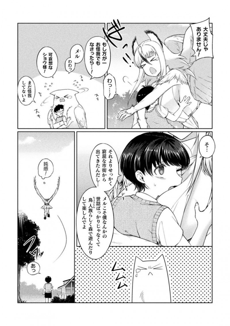 【エロ漫画】休日に坊ちゃんと別荘にやって来た鳥人族の巨乳使用人…坊ちゃんの命令で羽を伸ばして森の中を散歩していると隼族の雄に見つかり孕ませられる！【F無職：木兎堕とし、寝取られの花嫁】