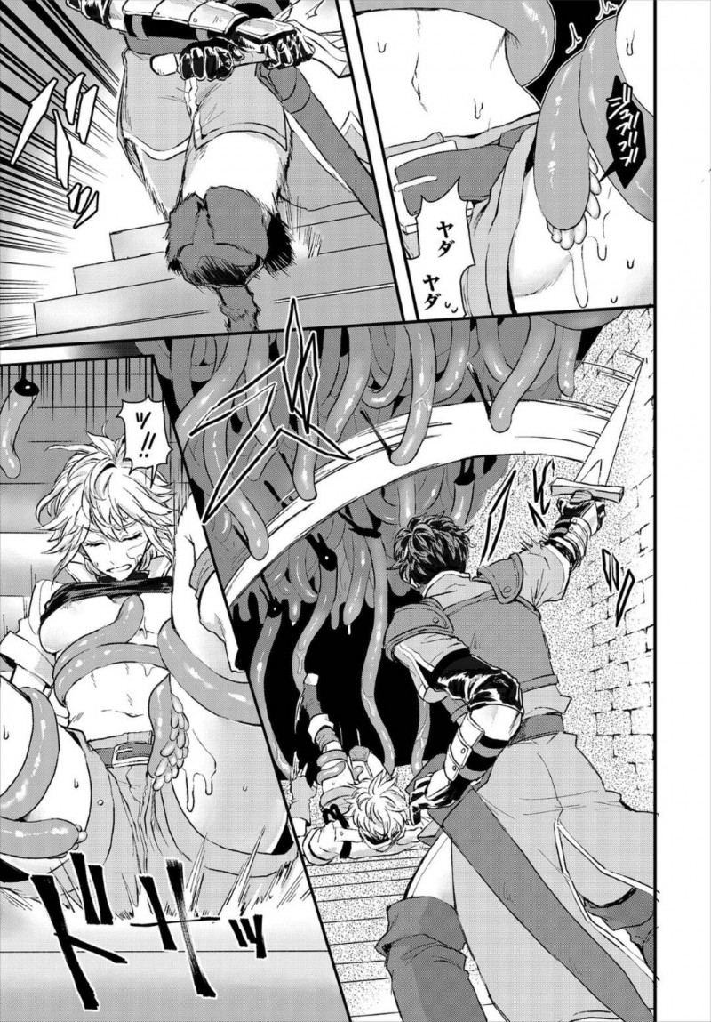 【エロ漫画】いつものメンバーに触手だらけのダンジョン同行を断られたため腕の立つ男戦士と2人で探索している巨乳冒険者…天井から襲ってきた触手に拘束されるが戦士に倒してもらい事なきを得たが、触手から受けた催淫性の毒で身体の疼きが止まらなくなる！【おぼろどうふ：催淫毒にご用心】