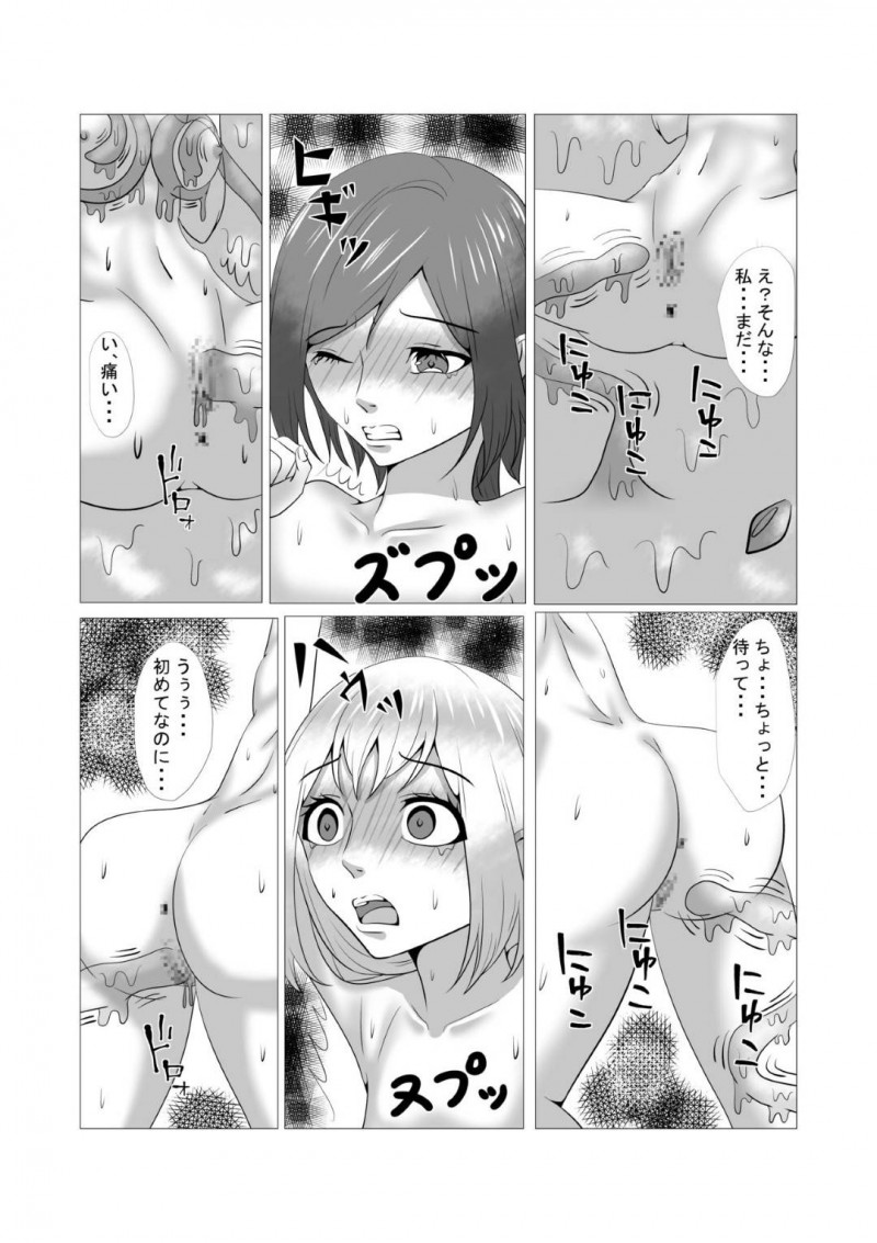 【エロ同人誌】街の近くの魔物が出る森の中で依頼された薬草採取をする新人狩人の魔法使いと騎士…採取が終わり帰る途中で洞窟を見つけ探検しているとスライムに襲われ犯されてしまう！【八切そう：listworld】