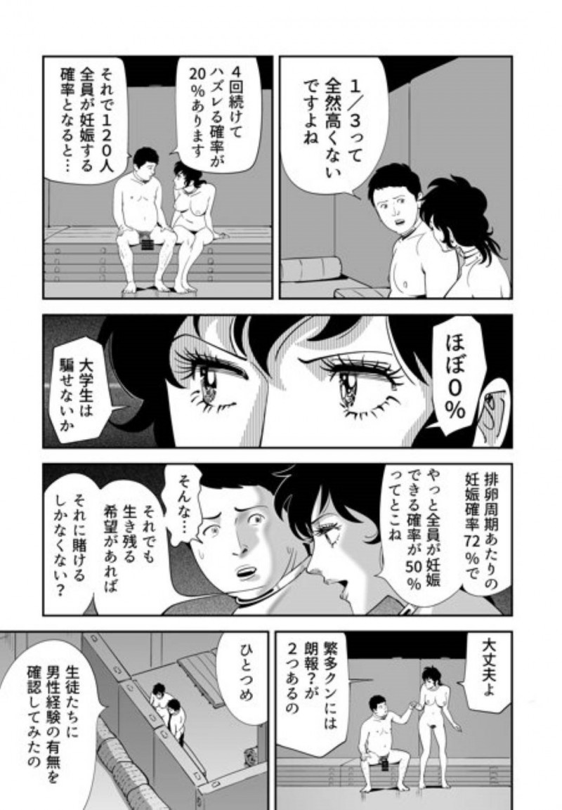 【エロ漫画】童貞男子大学生と120人の女達は、妊娠できなければ死ぬ命賭けのゲームに参加させられる。男は女教師と一緒に試行錯誤しながら女達に中出しセックスで孕ませようと奮闘する【Kidouchi Kon】