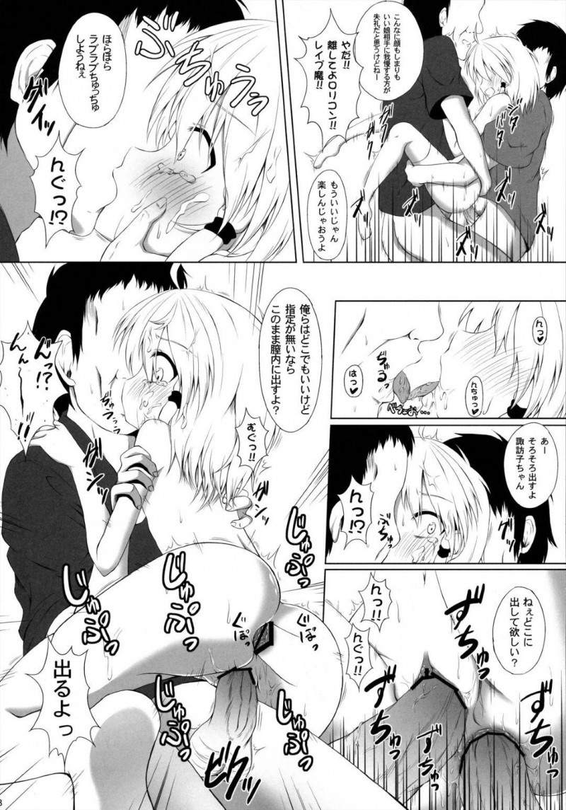 【エロ同人誌】(C84)発情期が来てしまい部屋でオナニーをする洩矢諏訪子…家を飛び出し偶然会った霊夢に連れていかれた場所は性犯罪を犯す男達の元だった！【突撃!となりの上カルビ (ツンスキ)：発情期の過ごし方/東方Project】