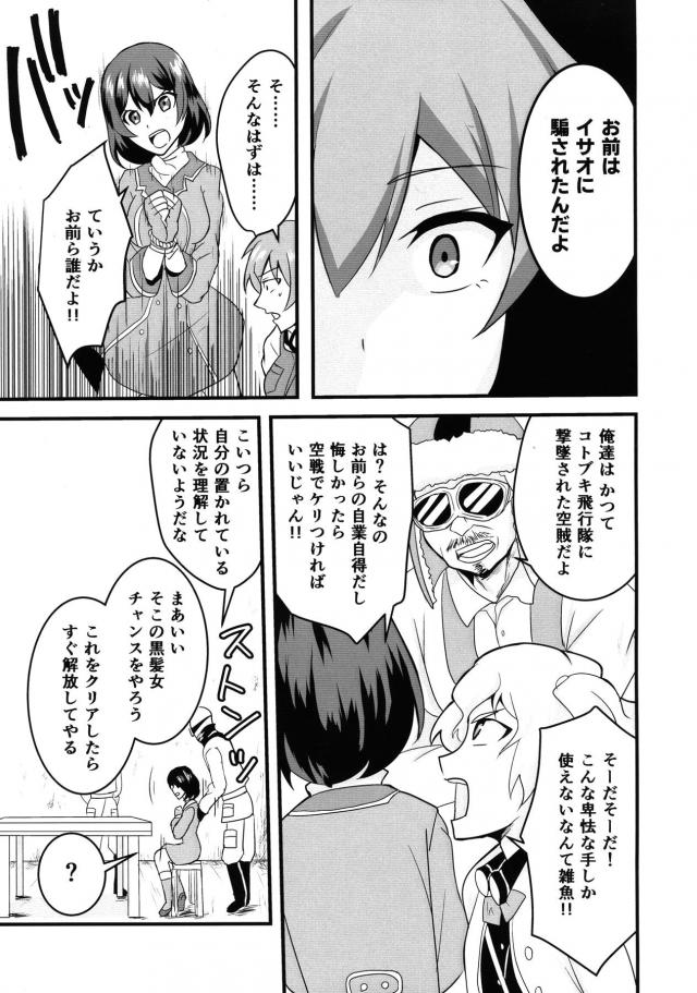 護衛を終えた直後にバーに行くとイサオ市長がいて一緒に飲んでいたら急に体の力が抜けて意識もなくなり、気づいたらイサオにだまされ空賊たちのアジトに捕まっていたレオナたちコトブキ飛行隊がめちゃくちゃに集団レイプされる!【荒野のコトブキ飛行隊・エロ同人誌】