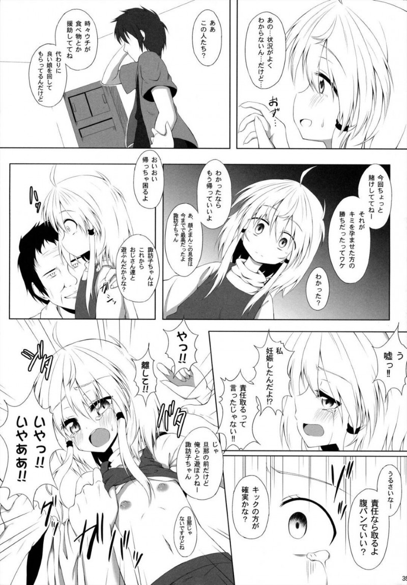 【エロ同人誌】(C84)発情期が来てしまい部屋でオナニーをする洩矢諏訪子…家を飛び出し偶然会った霊夢に連れていかれた場所は性犯罪を犯す男達の元だった！【突撃!となりの上カルビ (ツンスキ)：発情期の過ごし方/東方Project】