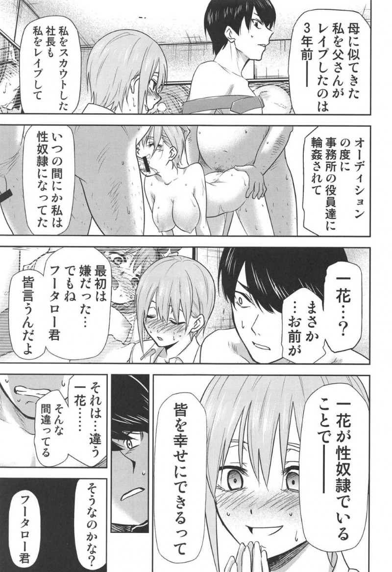 【エロ同人誌】家賃が払えず一花に土下座してお金を払ってもらい何でもすると言った二乃と三玖は男達にご奉仕！【きみまる/五等分の性奴隷∬：五等分の花嫁】