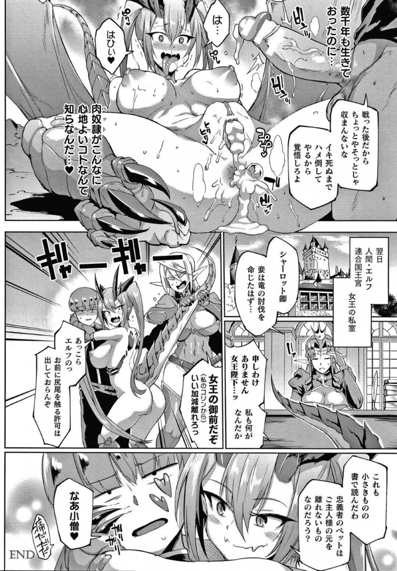 【エロ漫画】エルフ騎士とショタ騎士の2人によって討伐された村を襲った巨乳ドラゴン娘…負けたものは強者に従う掟に従い自ら股を開き性奴隷となる決意を伝える！【煌野一人：マィ・ロード、マイ・マスター】