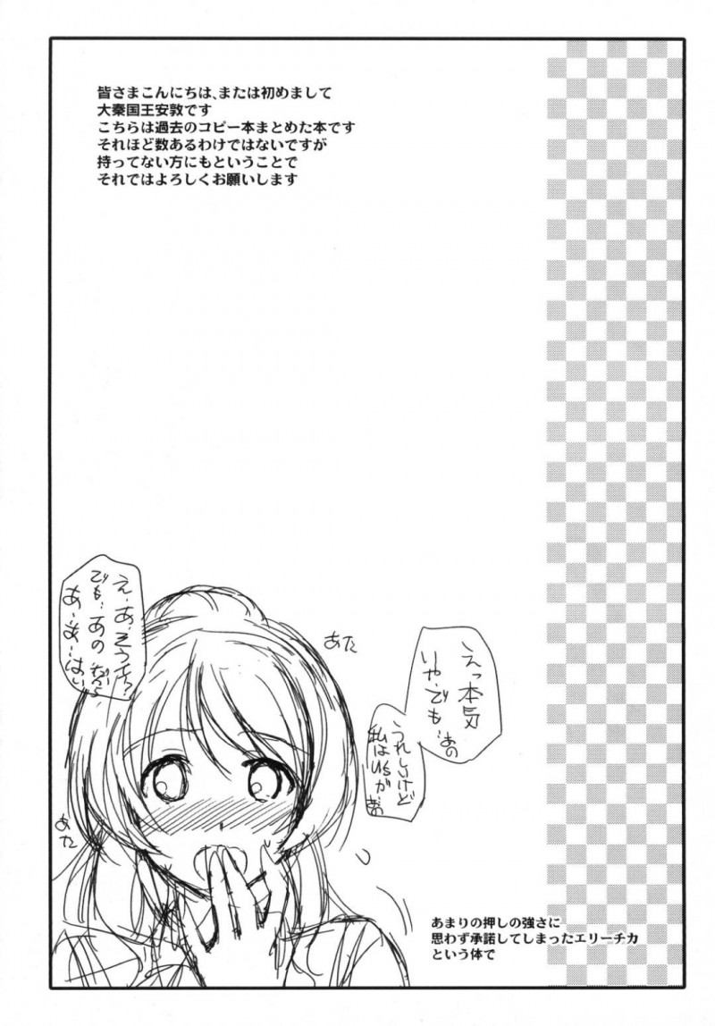 【エロ同人誌】ステージ衣装を汚さないなら何でもご褒美をあげると言ってしまったエリーチカは外で露出プレイをすることに！【大秦国王安敦/LLre：ラブライブ!】