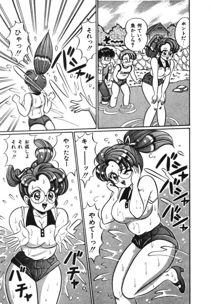 【エロ漫画】男子生徒と夏合宿の下見でHないたずらをされる巨乳女教師…川遊びで濡れた身体を拭いてもらう口実で2人の男子と3Pセックスでアクメイキ！【わたなべわたる：おしえてあげる♡パートⅡ】