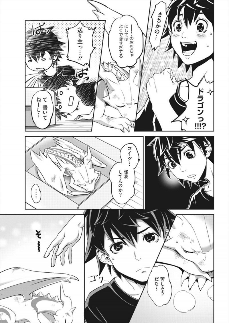 【エロ漫画】荷物の中からいきなり怪我をしたドラゴンが現れ手当してあげるとしゃべる上に、水浴びさせてあげたら美少女に擬人化して全裸で戻ってきて混乱しまくりのニートオタクｗ