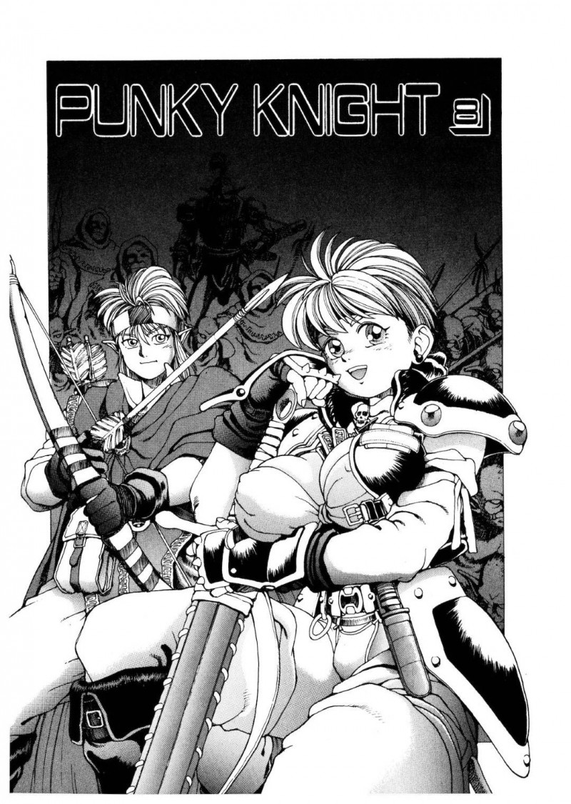 【エロ漫画】ゴブリンのアジトの奥に進むと大勢のゴブリンが現れ対峙する賞金稼ぎの女剣士…エルフの青年と協力して倒したが服を切られて巨乳が露になってしまう！【傭兵小僧：PUNKY KNIGHT 8】