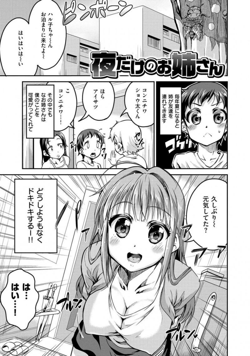 毎年夏に友達の家に泊まりに行く巨乳お姉さん…友達の弟を可愛がり女装させご褒美に胸を揉ませてあげる！【えかきびと：夜だけのお姉さん】