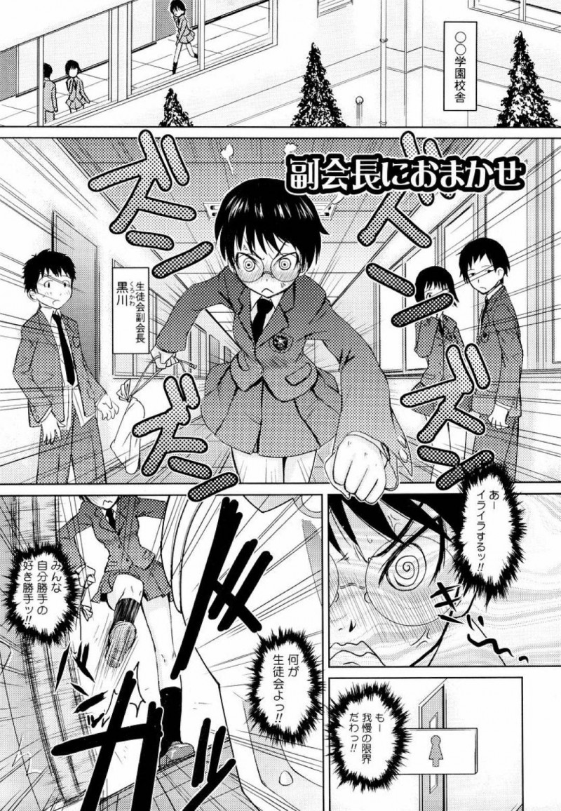 生徒会の仕事にストレスを溜めてトイレでバイブオナニーしまくるメガネっ娘副会長…そこへ突如乱入してきた会長男子に襲われてしまい、キスや乳首責めされたあとフェラで顔射され、激しいトイレ調教セックスでマゾ絶頂堕ち
