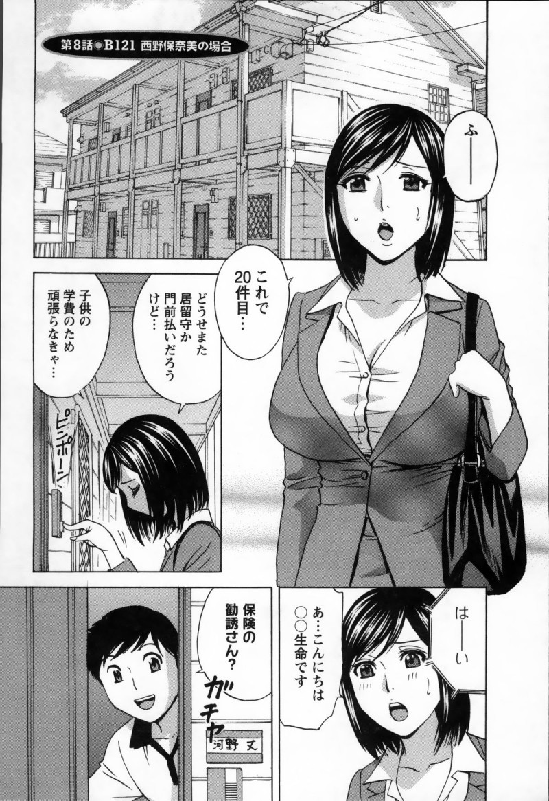 【少年漫画】保険のセールスレディが契約の取れそうな青年の家に上がるとエッチな部屋の雰囲気に犯される妄想をしてしまう。けれど手を出さない青年に逆ギレして押し倒し、パイズリ顔射に騎乗位生挿入中出しセックス！【英丸：第8話 B121 西野保奈美の場合】