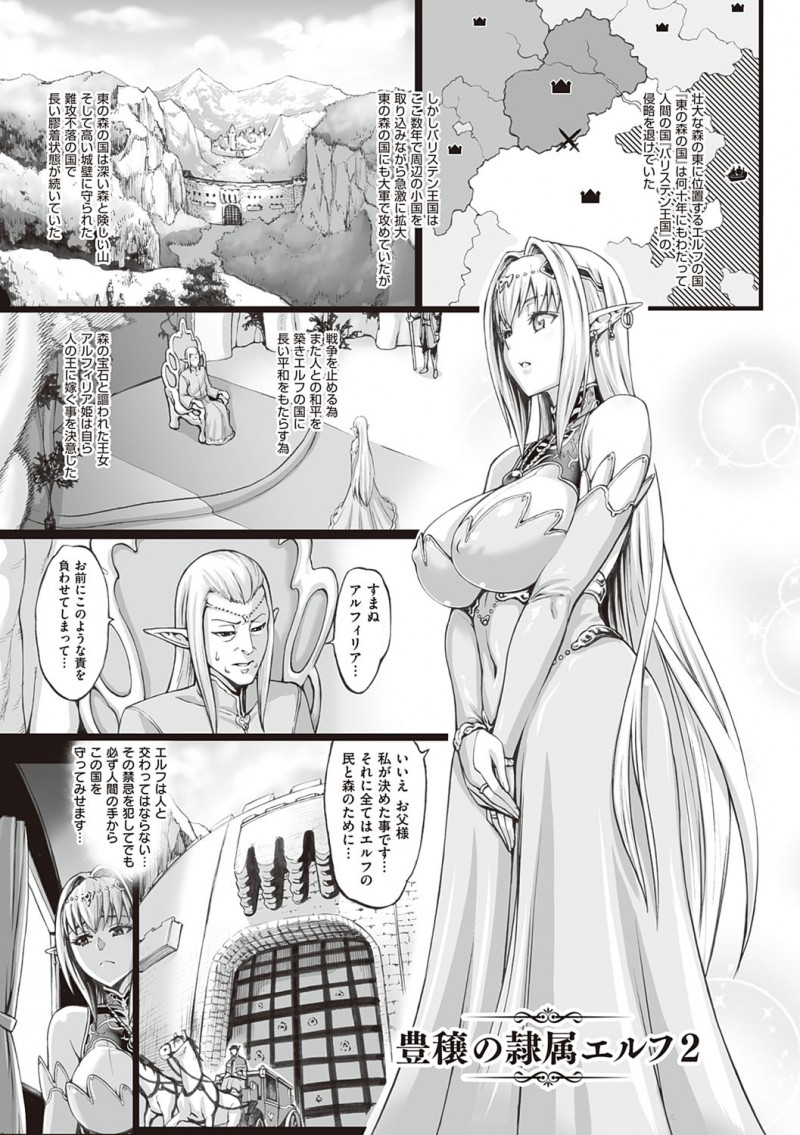 【少年漫画】人間との戦争を止める巨乳エルフ姫…人間の王に嫁ぐことになるが、待っていたのは王の調教だった。無理矢理処女喪失、二穴同時攻めに乳首ピアスをさせられ、そして媚薬漬けにされた姫は無様な姿を父とエルフ達の前で晒し、さらに嬲られていく。【ねろましん：豊穣の隷属エルフ2】